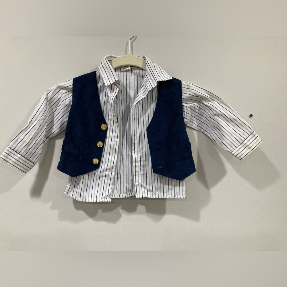 Boy Blue and White Collared Striped Shirt and Vest Pair 2T